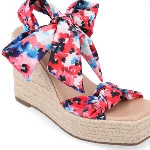 Journee Surria Collection Floral Tie Bow Espadrille Wedge Sandals  4” Heel  12